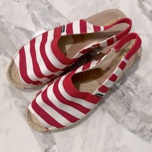 Joy & Mario red and white stripe espadrilles. Flat with a